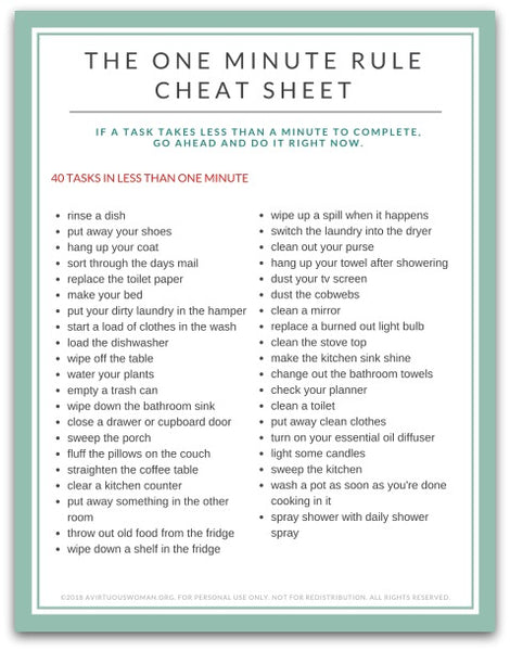 The One Minute Rule Cheat Sheet | 40 Tasks in Less than One Minute